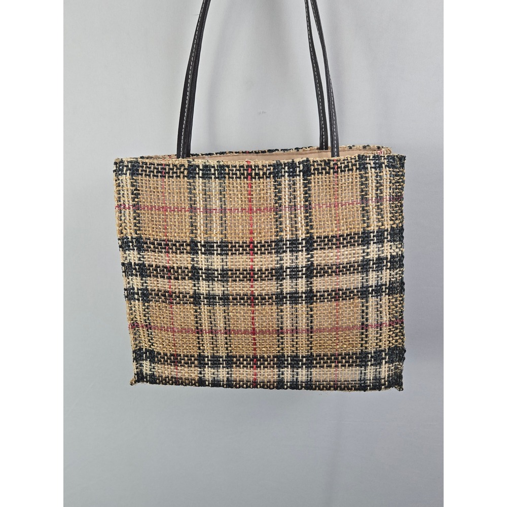 Vintage Tally Ho Woven Plaid Tote Bag Tan Black Red Checkered Shoulder Bag Small